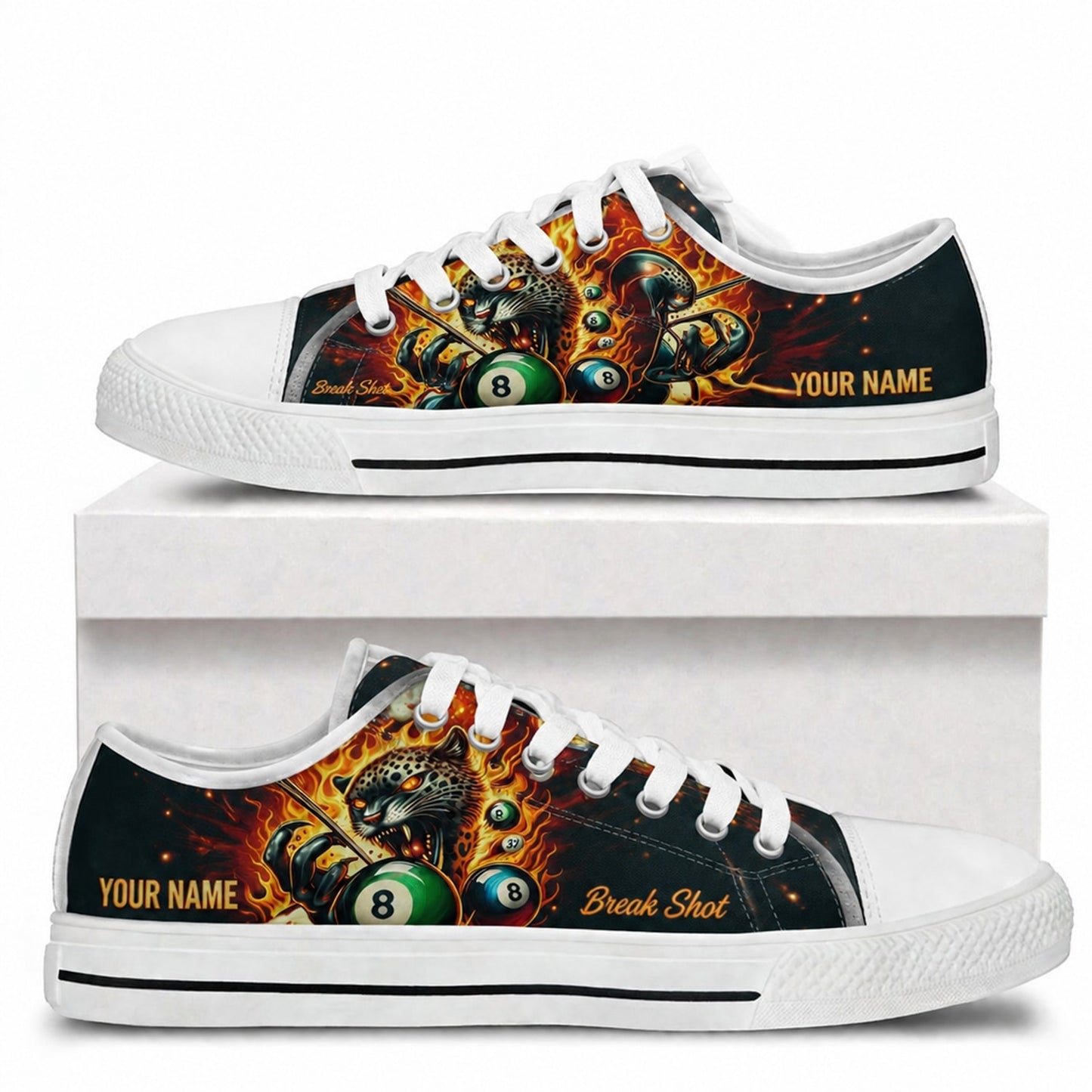 Flaming Leopard Eight Ball Graphic Personalized Low Top Shoes Box White