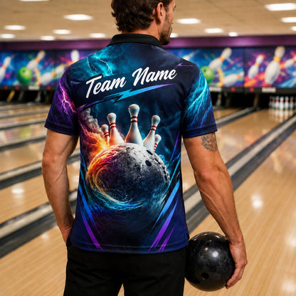 Flaming Lightning Bowling Ball Sport Custom Bowling Polo Shirt Back View