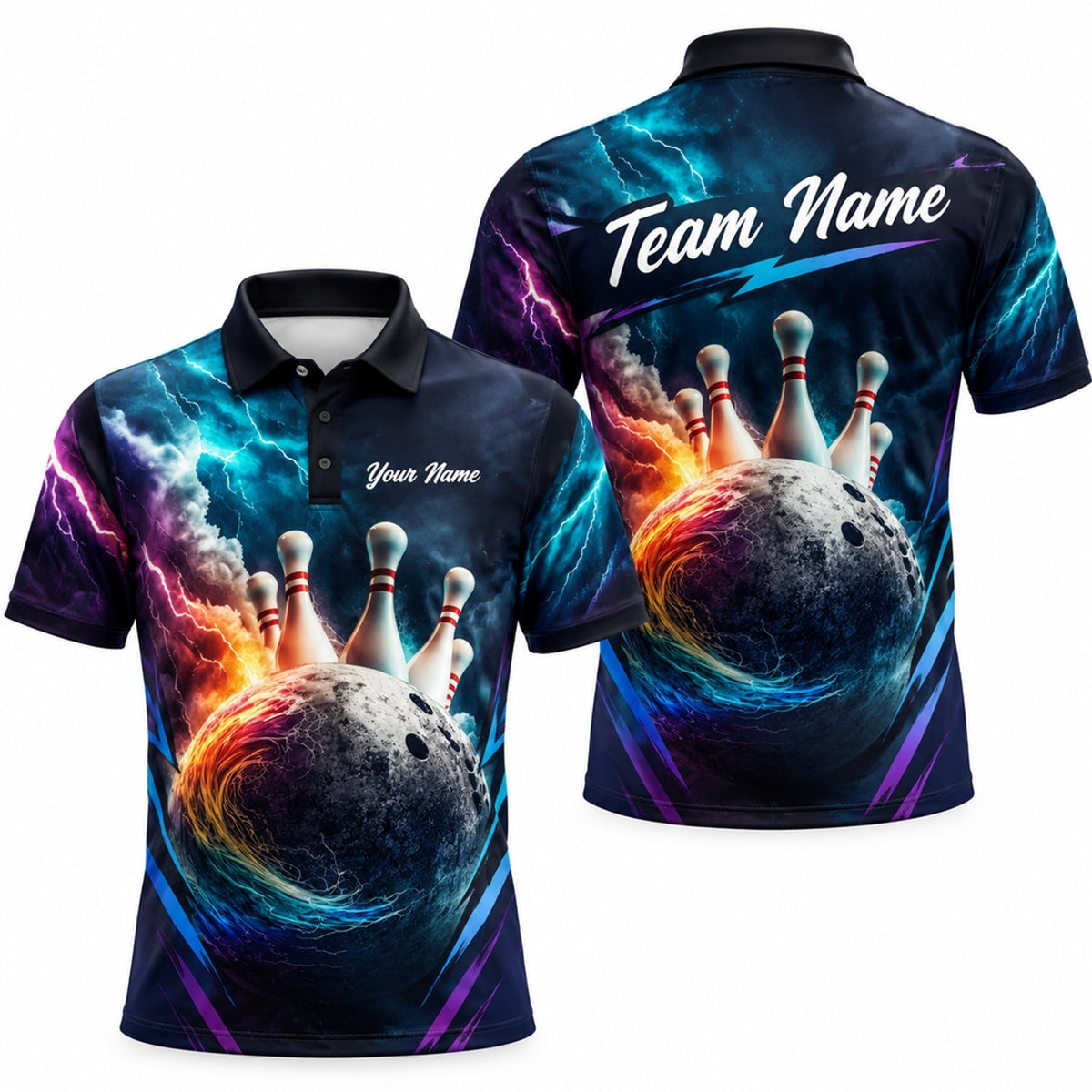 Flaming Lightning Bowling Ball Sport Custom Bowling Polo Shirt