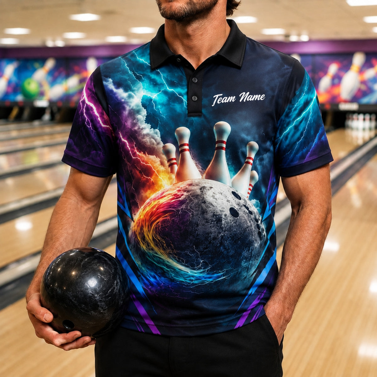 Flaming Lightning Bowling Ball Sport Custom Bowling Polo Shirt Front View