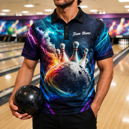 Flaming Lightning Bowling Ball Sport Custom Bowling Polo Shirt Front View