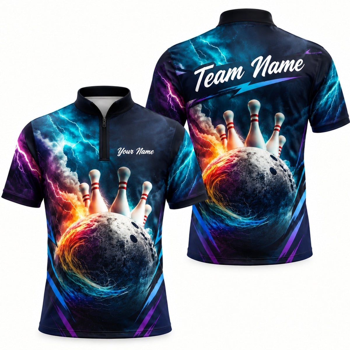 Flaming Lightning Bowling Ball Sport Custom Bowling Polo Shirt Jersey Zip 1 4 Collar