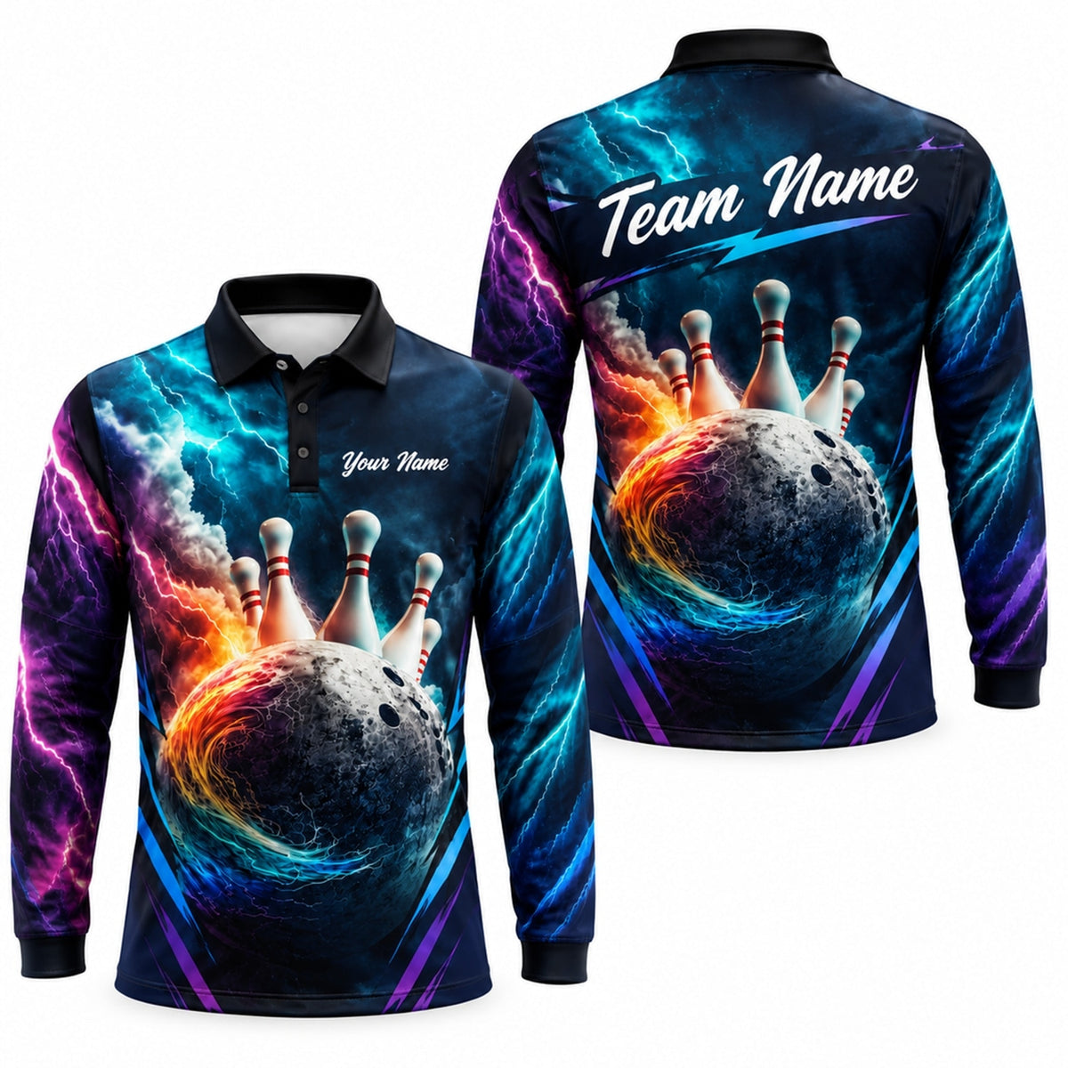 Flaming Lightning Bowling Ball Sport Custom Bowling Polo Shirt Long Sleeve Polo