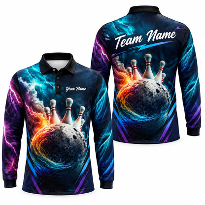 Flaming Lightning Bowling Ball Sport Custom Bowling Polo Shirt Long Sleeve Polo