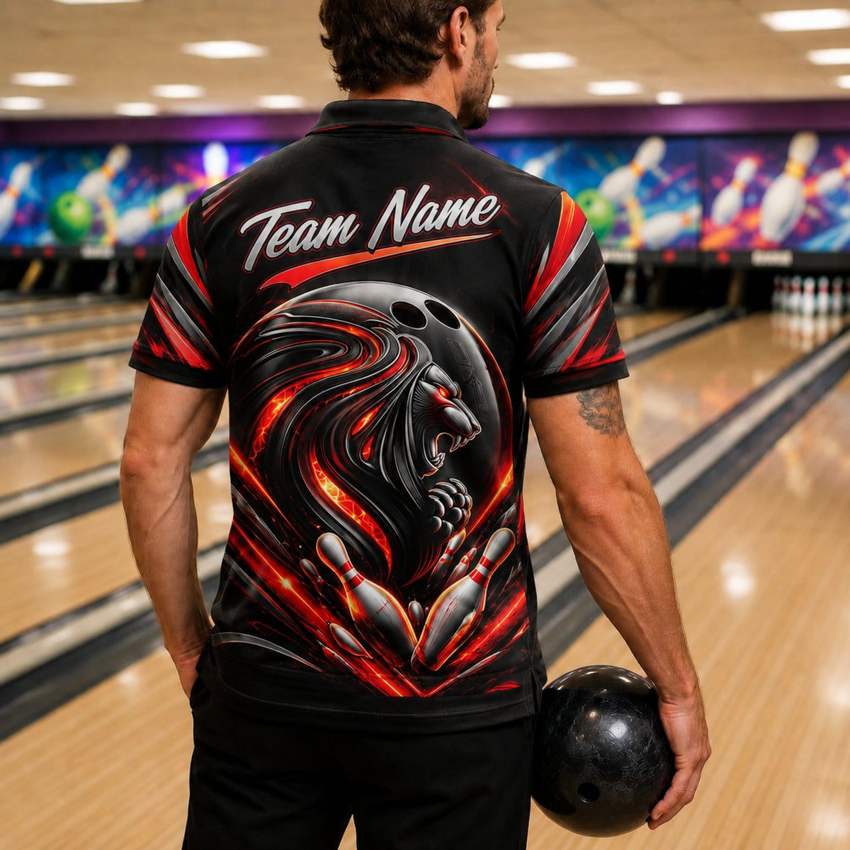 Flaming Lion Bowling Ball Sport Custom Bowling Polo Shirt Back View