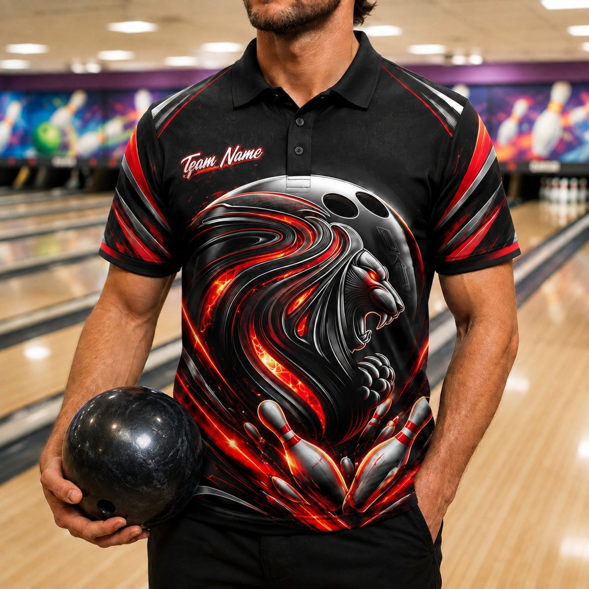 Flaming Lion Bowling Ball Sport Custom Bowling Polo Shirt Front View