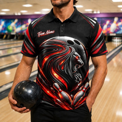 Flaming Lion Bowling Ball Sport Custom Bowling Polo Shirt Front View