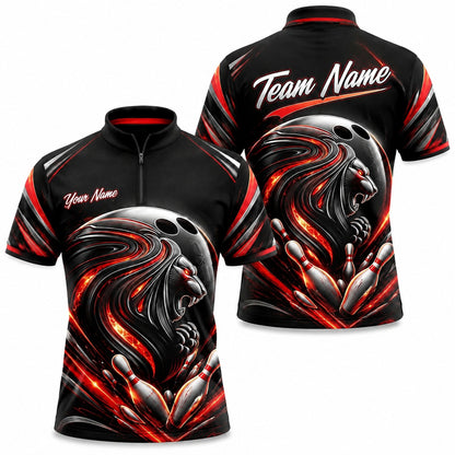 Flaming Lion Bowling Ball Sport Custom Bowling Polo Shirt Jersey Zip 1 4 Collar