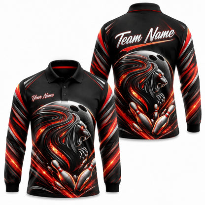Flaming Lion Bowling Ball Sport Custom Bowling Polo Shirt Long Sleeve Polo
