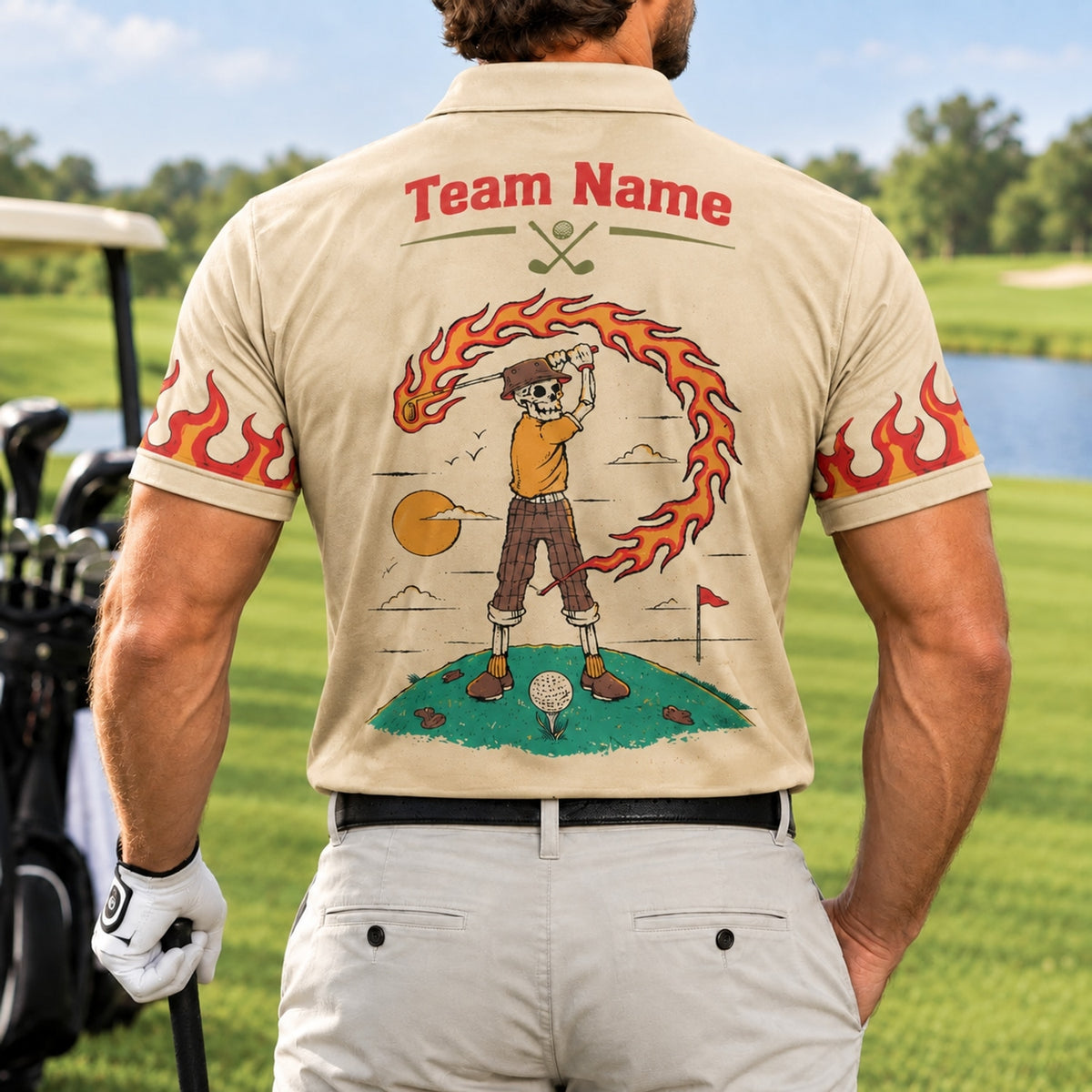 Flaming Skeleton Golfer Graphic Personalized Golf Polo Shirt Back View