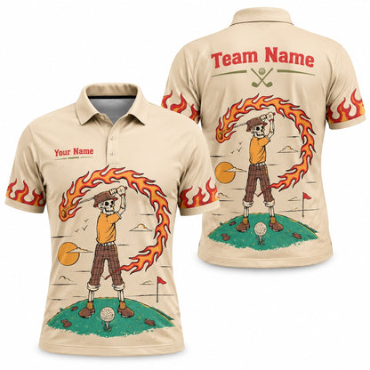 Flaming Skeleton Golfer Graphic Personalized Golf Polo Shirt