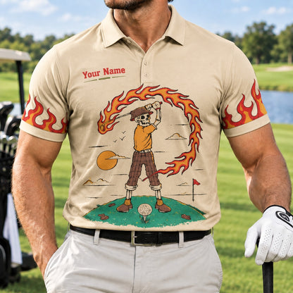 Flaming Skeleton Golfer Graphic Personalized Golf Polo Shirt Front View