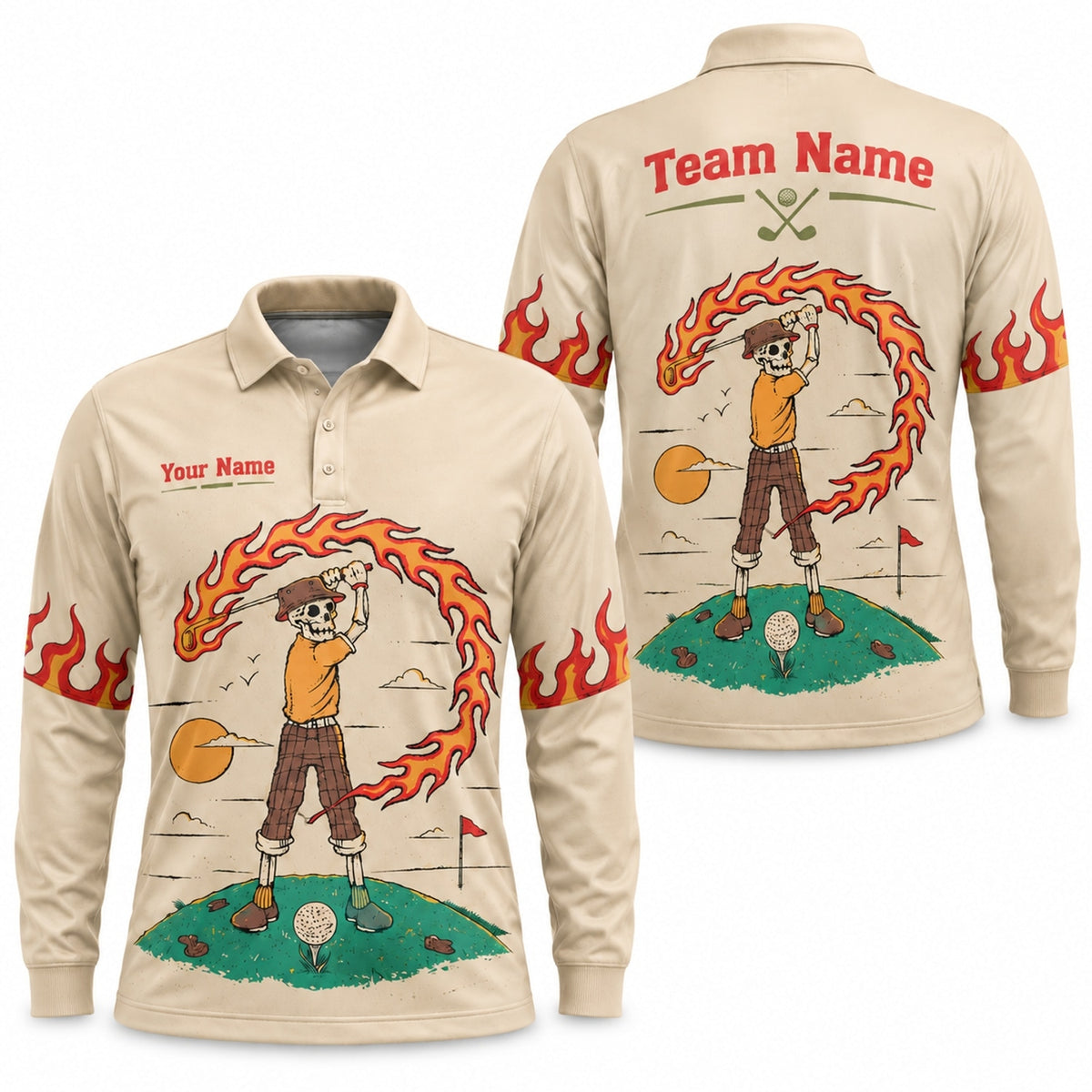 Flaming Skeleton Golfer Graphic Personalized Golf Polo Shirt Long Sleeve Polo