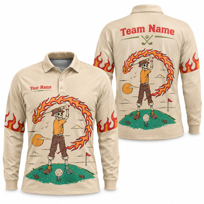 Flaming Skeleton Golfer Graphic Personalized Golf Polo Shirt Long Sleeve Polo