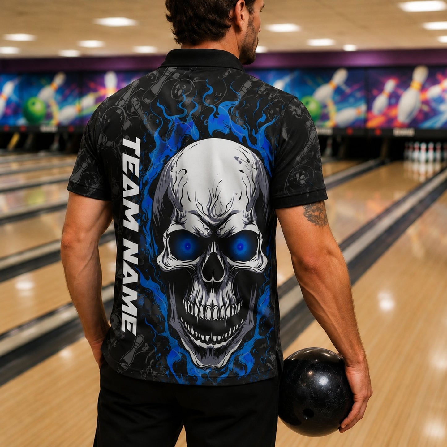 Flaming Skull Bowling Custom Bowling Polo Shirt Back View