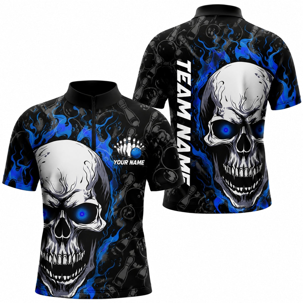 Flaming Skull Bowling Custom Bowling Polo Shirt