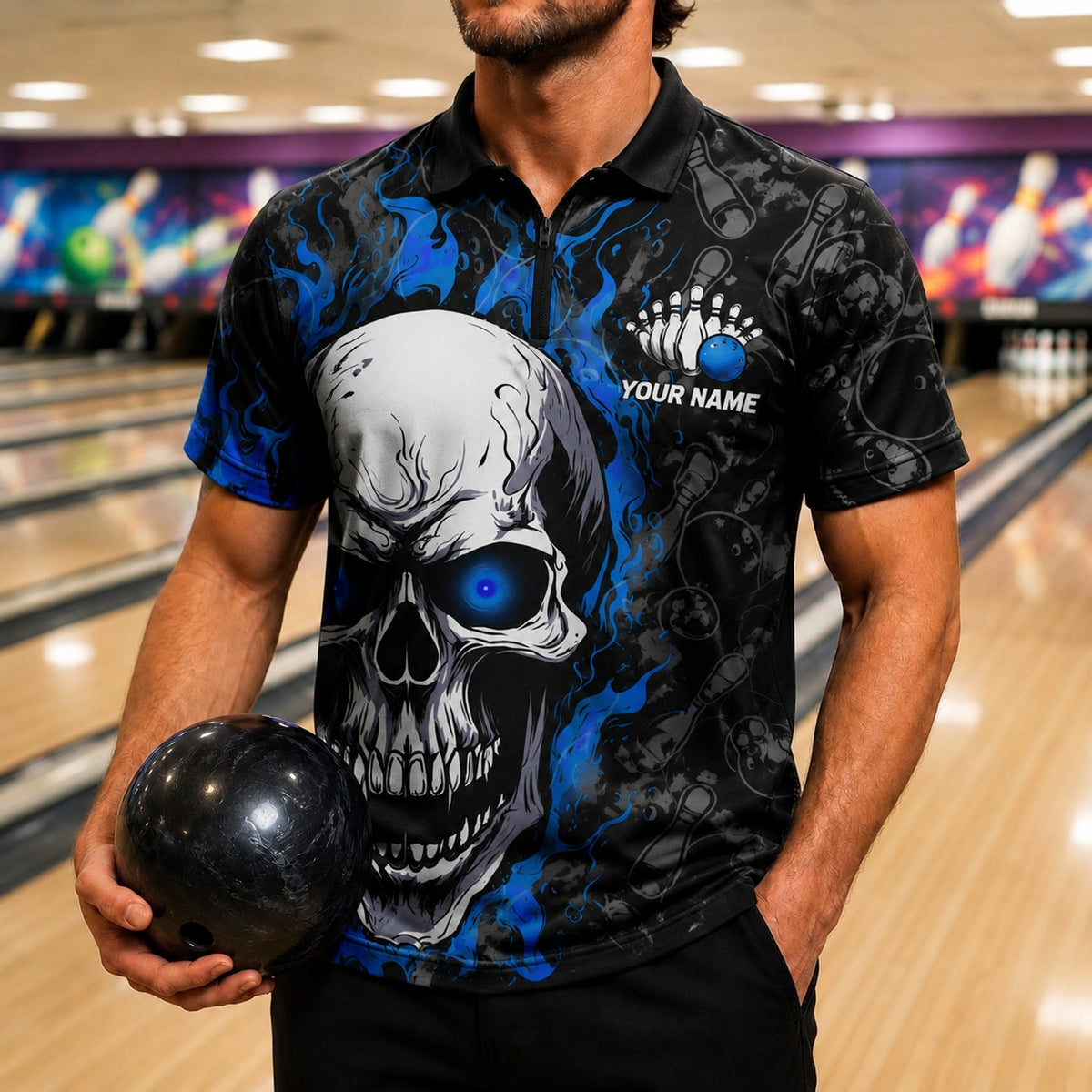 Flaming Skull Bowling Custom Bowling Polo Shirt Front View
