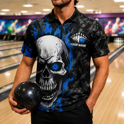 Flaming Skull Bowling Custom Bowling Polo Shirt Front View