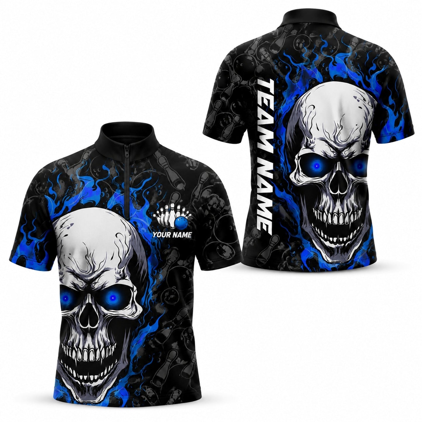 Flaming Skull Bowling Custom Bowling Polo Shirt Jersey Zip 1 4 Collar