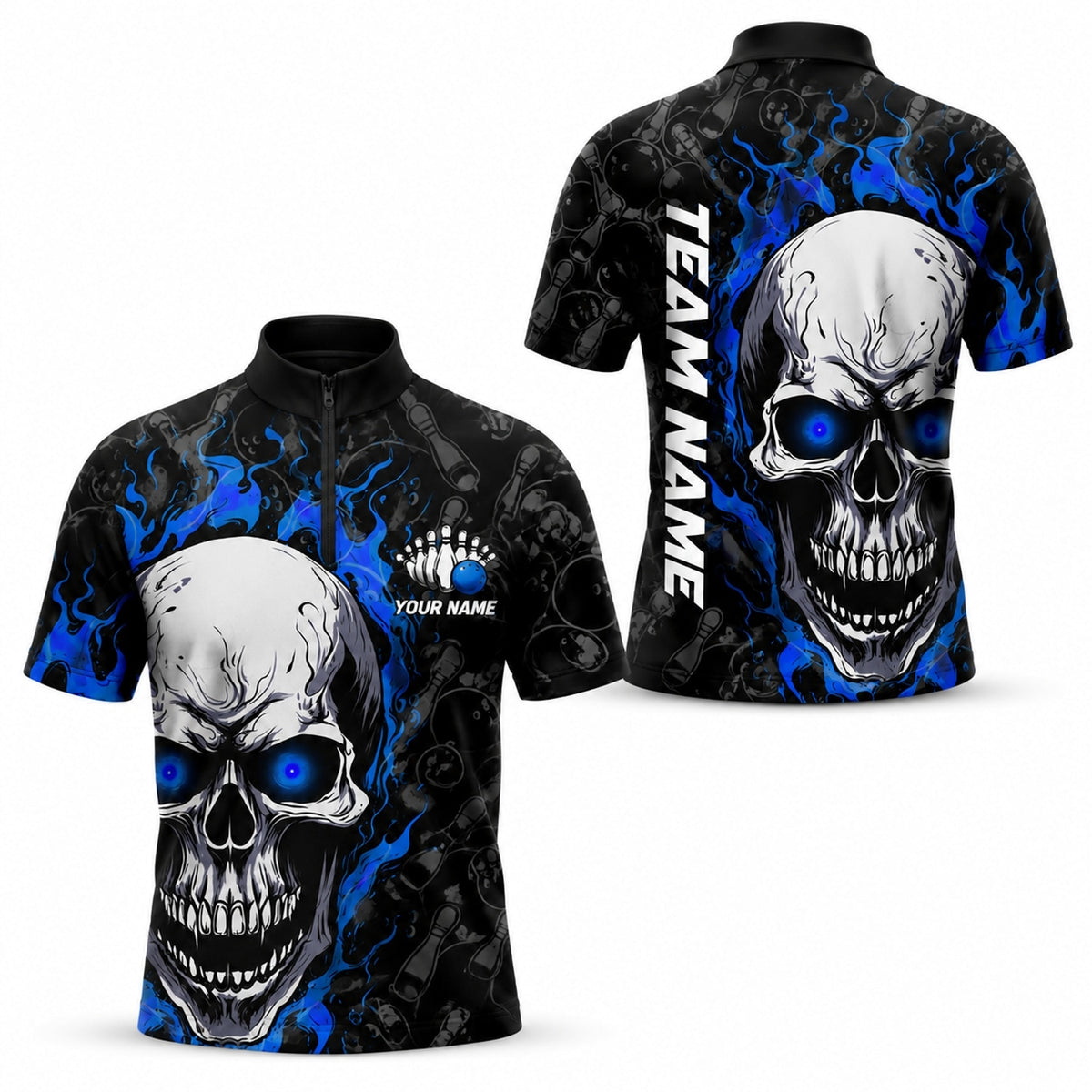 Flaming Skull Bowling Custom Bowling Polo Shirt Jersey Zip 1 4 Collar