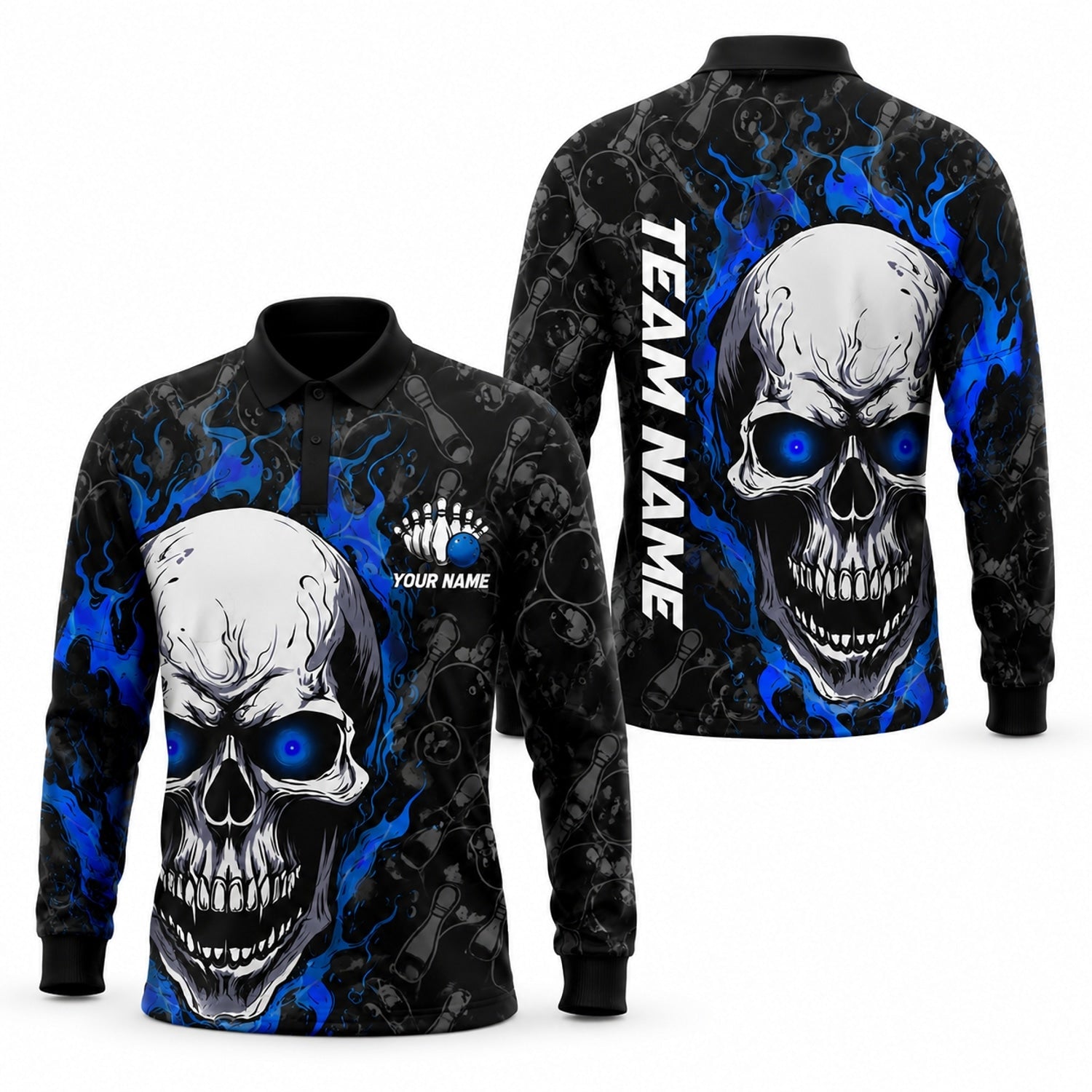 Flaming Skull Bowling Custom Bowling Polo Shirt Long Sleeve Polo