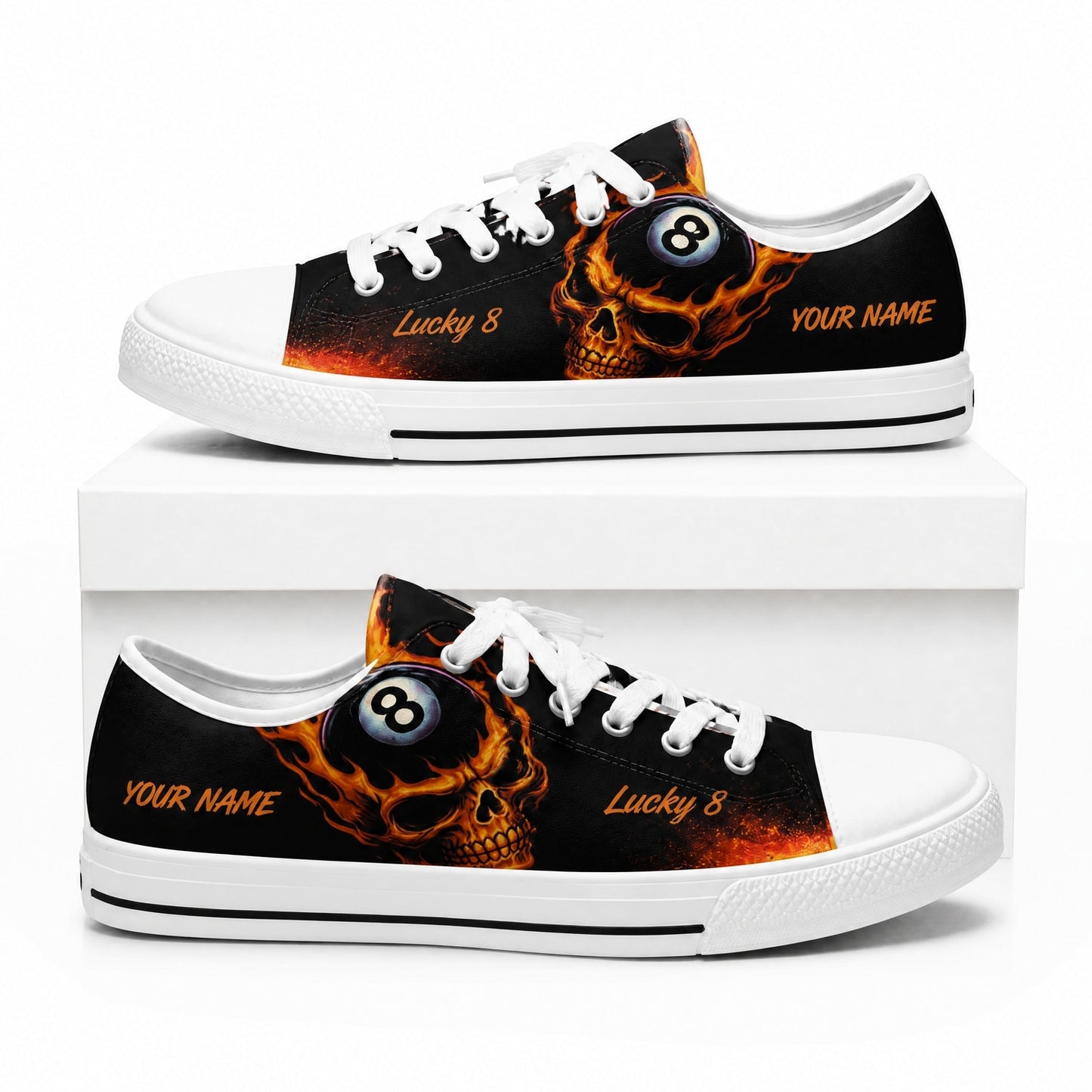 Flaming Skull Break Shot Eight Ball Graphic Custom Low Top Shoes Box White