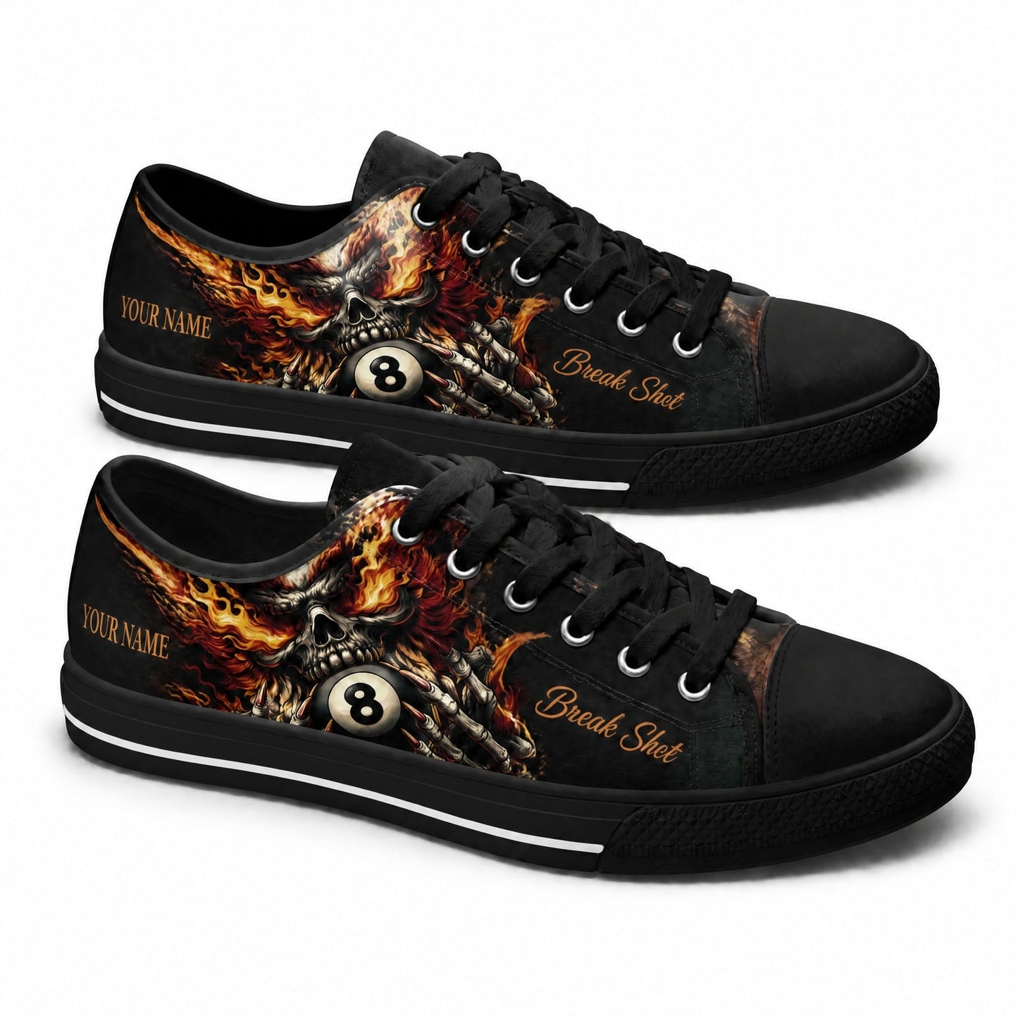 Flaming Skull Eight Ball Graphic Custom Low Top Shoes Black Shoes