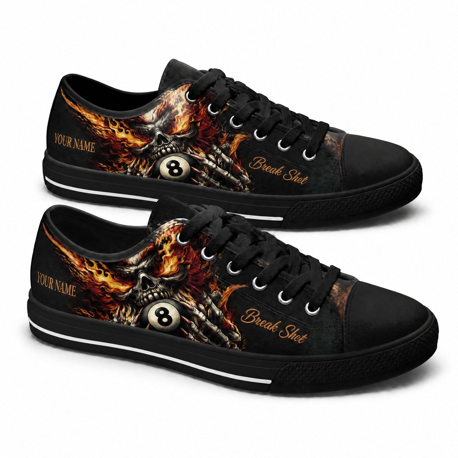 Flaming Skull Eight Ball Graphic Custom Low Top Shoes Black Shoes