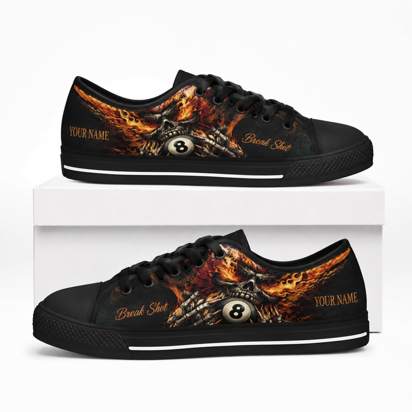 Flaming Skull Eight Ball Graphic Custom Low Top Shoes Box Black