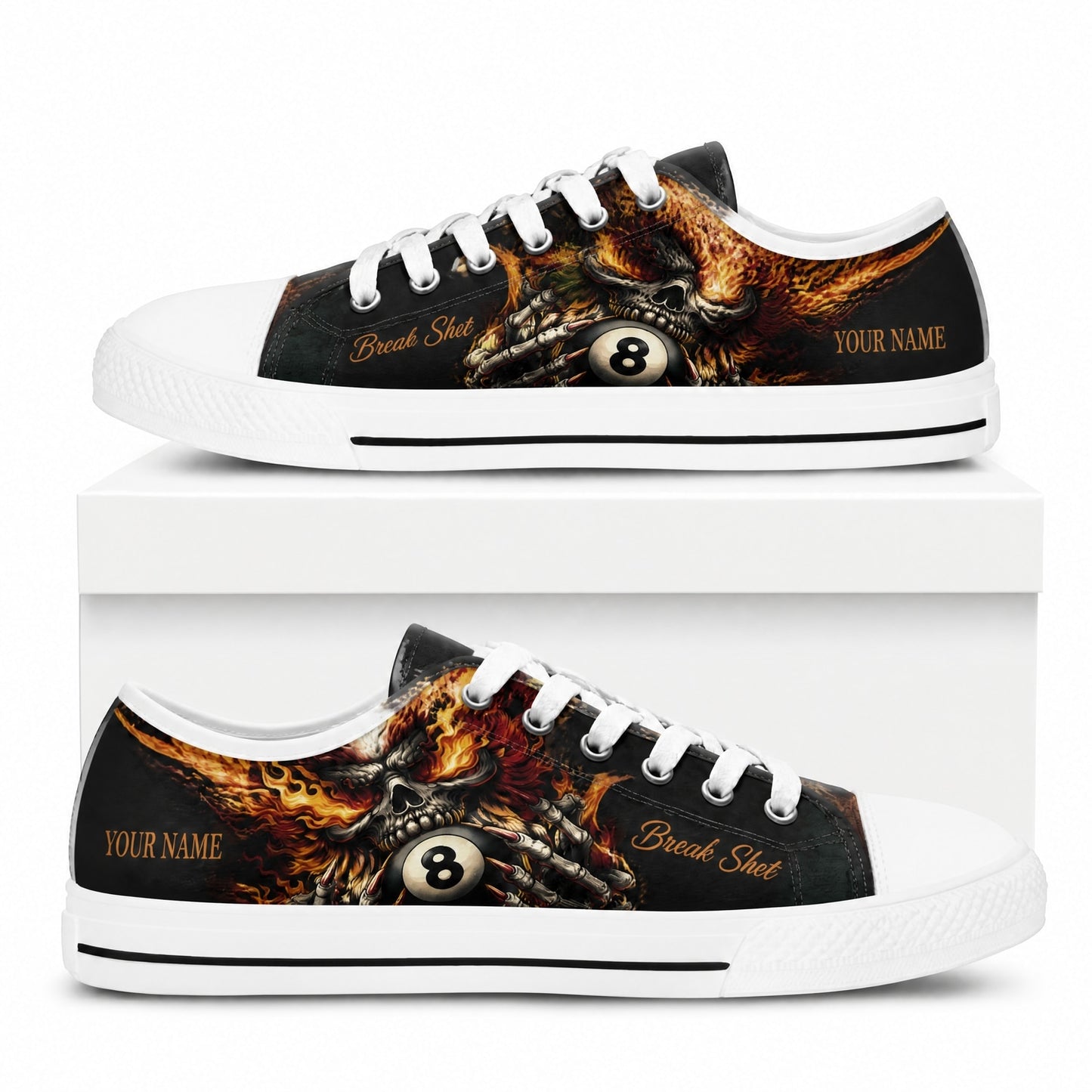Flaming Skull Eight Ball Graphic Custom Low Top Shoes Box White