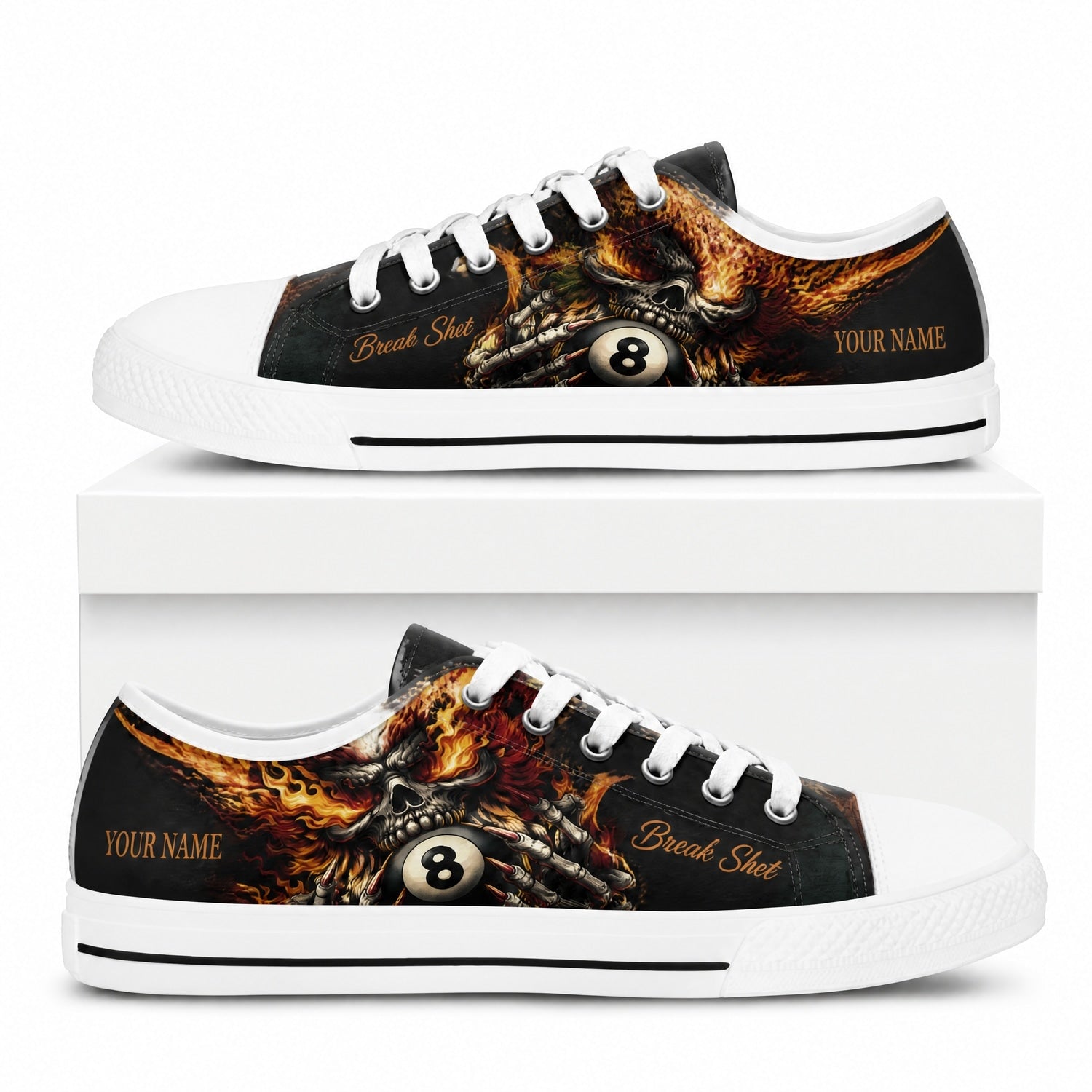 Flaming Skull Eight Ball Graphic Custom Low Top Shoes Box White