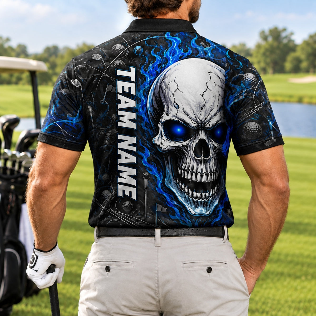 Flaming Skull Golf Graphic Personalized Golf Polo Shirt Back View