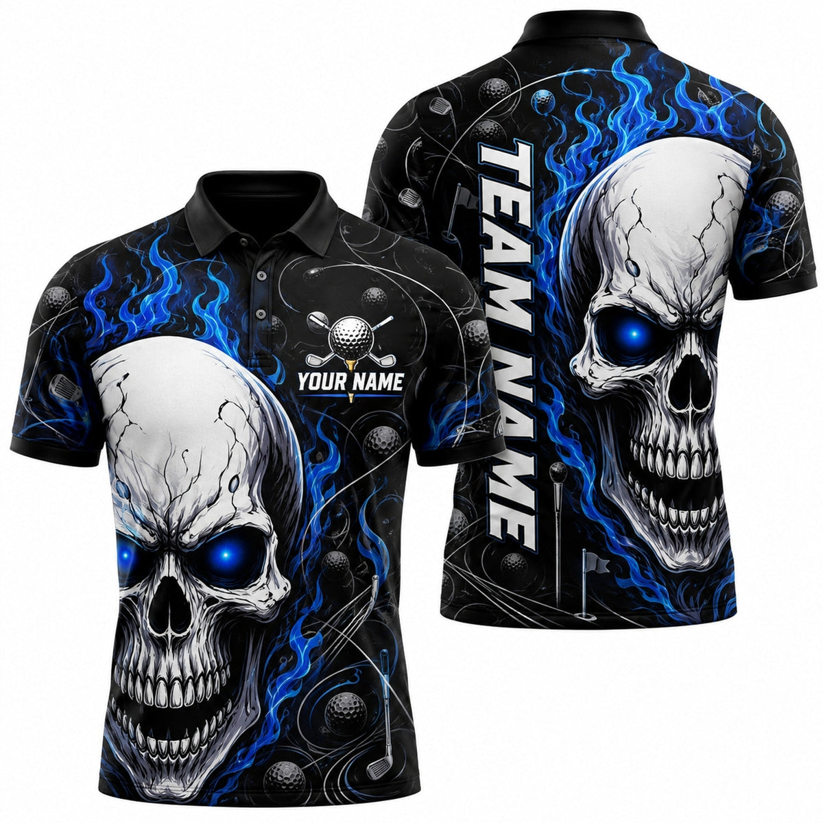 Flaming Skull Golf Graphic Personalized Golf Polo Shirt