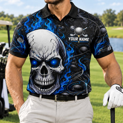 Flaming Skull Golf Graphic Personalized Golf Polo Shirt Front View