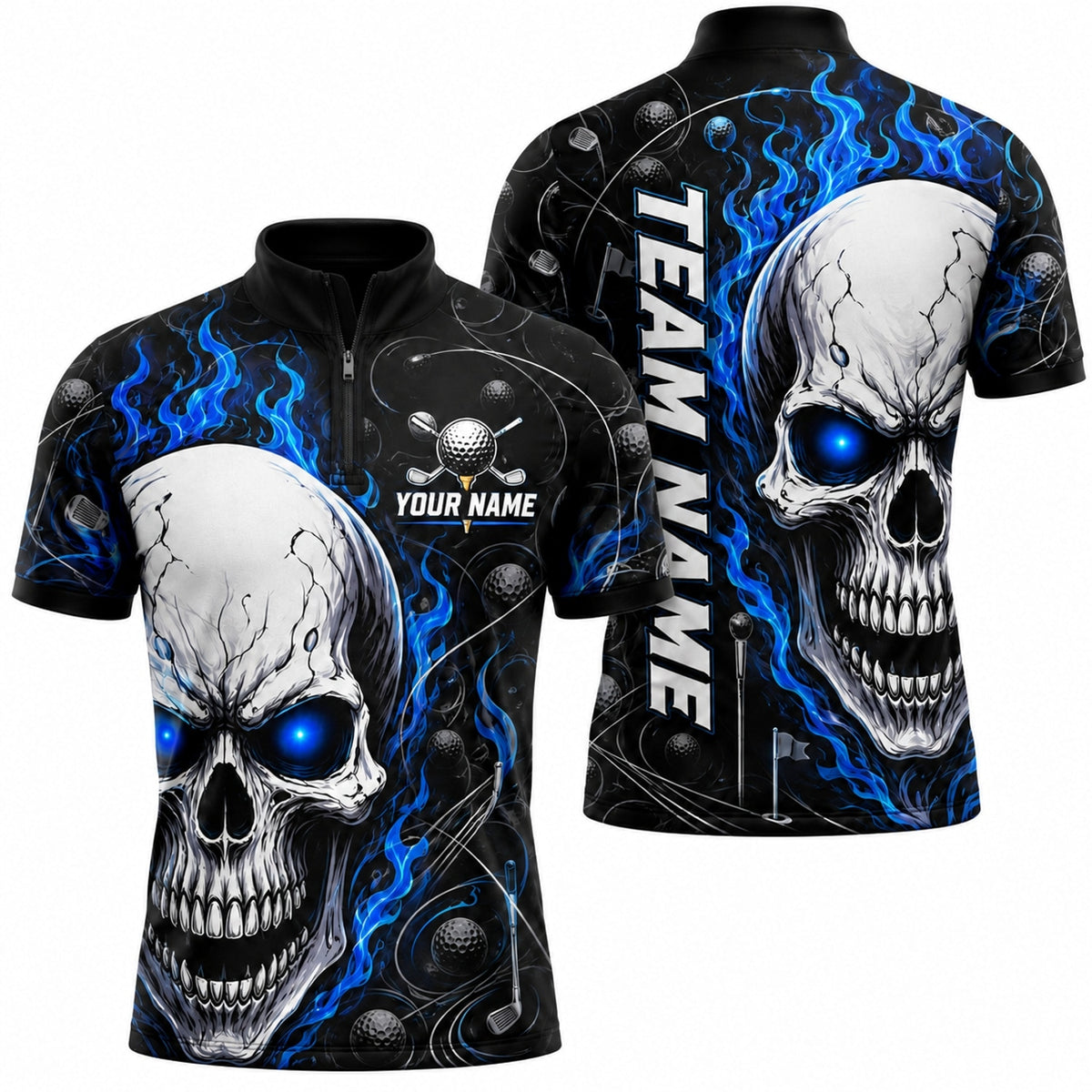 Flaming Skull Golf Graphic Personalized Golf Polo Shirt Jersey Zip 1 4 Collar