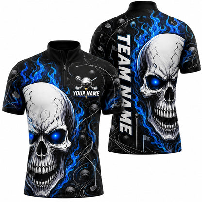 Flaming Skull Golf Graphic Personalized Golf Polo Shirt Jersey Zip 1 4 Collar