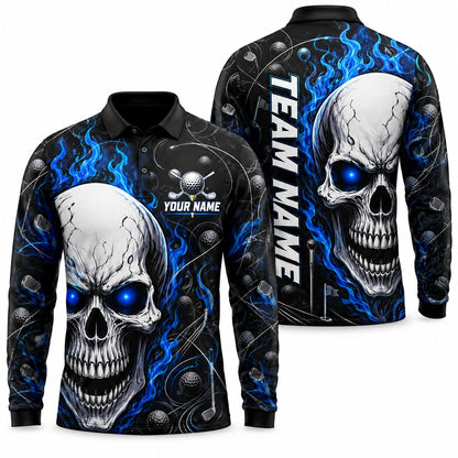 Flaming Skull Golf Graphic Personalized Golf Polo Shirt Long Sleeve Polo
