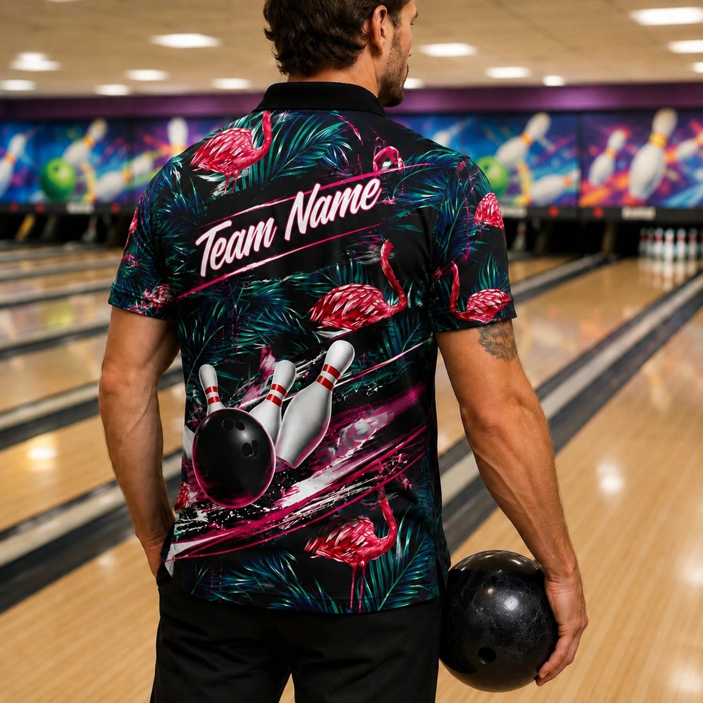 Flamingo Bowling Ball Strike Personalized Bowling Polo Shirt Back View