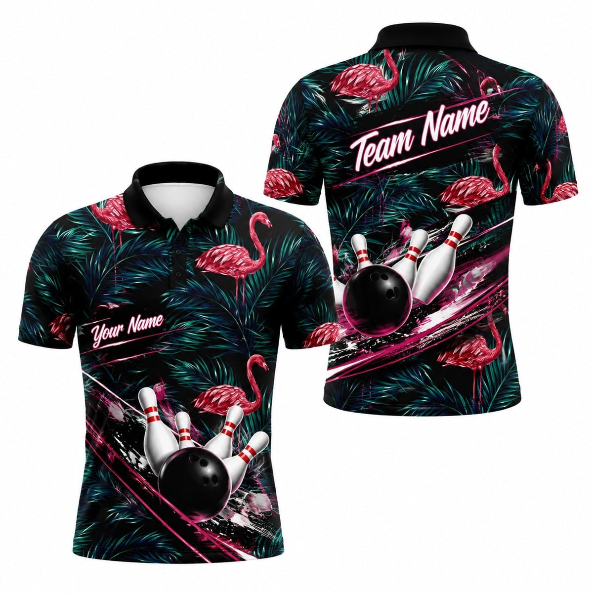 Flamingo Bowling Ball Strike Personalized Bowling Polo Shirt
