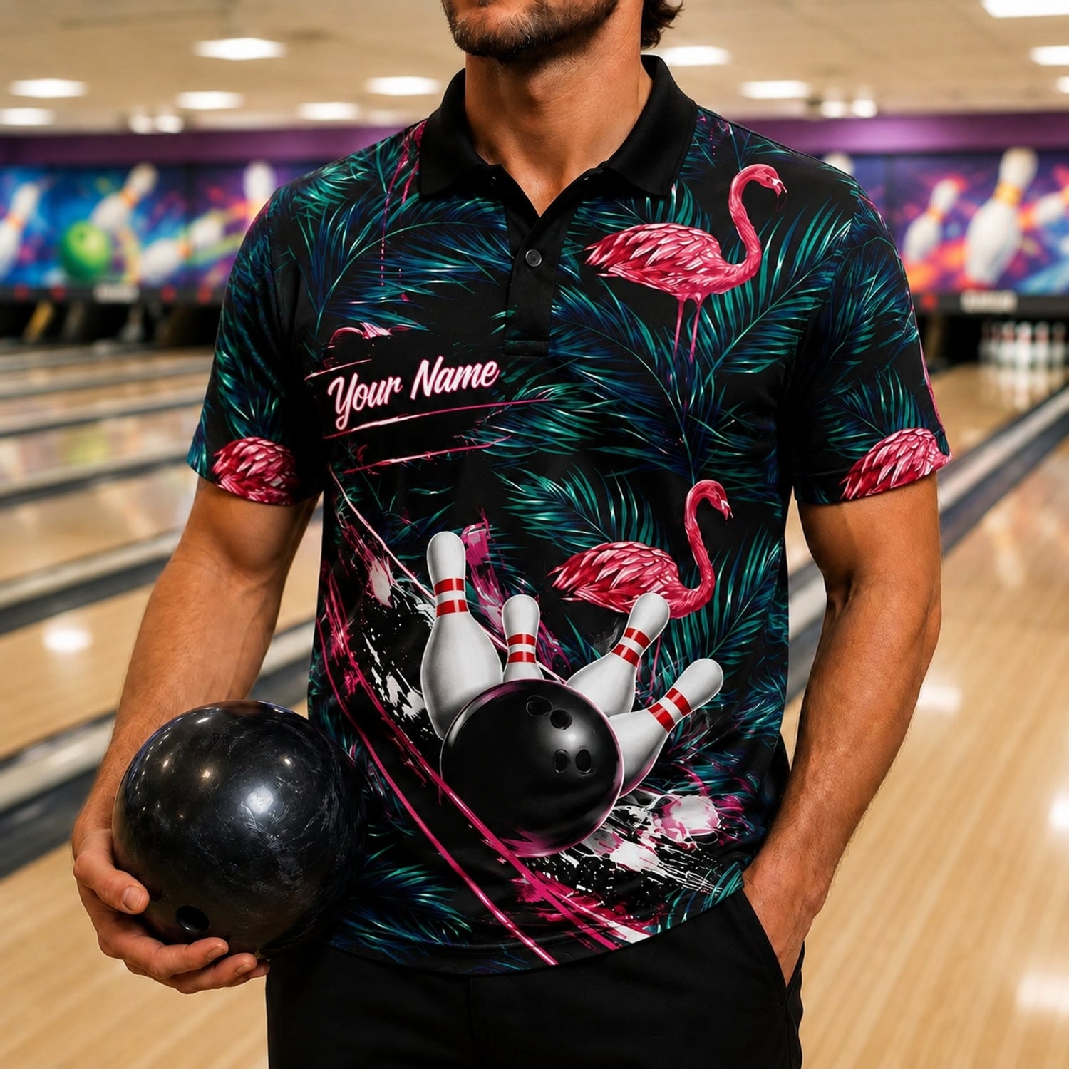 Flamingo Bowling Ball Strike Personalized Bowling Polo Shirt Front View