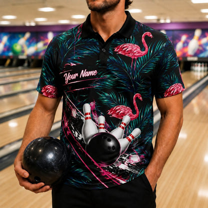 Flamingo Bowling Ball Strike Personalized Bowling Polo Shirt Front View