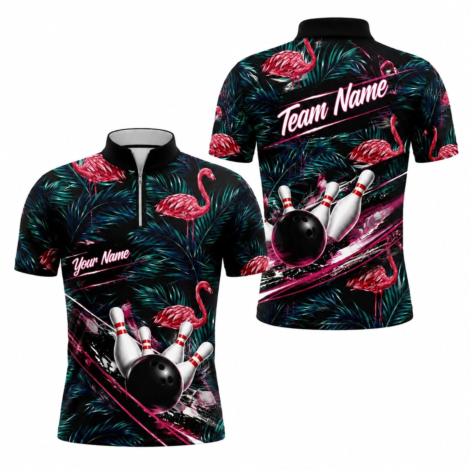 Flamingo Bowling Ball Strike Personalized Bowling Polo Shirt Jersey Zip 1 4 Collar