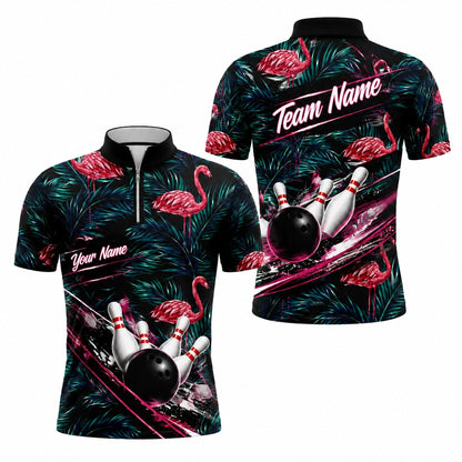 Flamingo Bowling Ball Strike Personalized Bowling Polo Shirt Jersey Zip 1 4 Collar