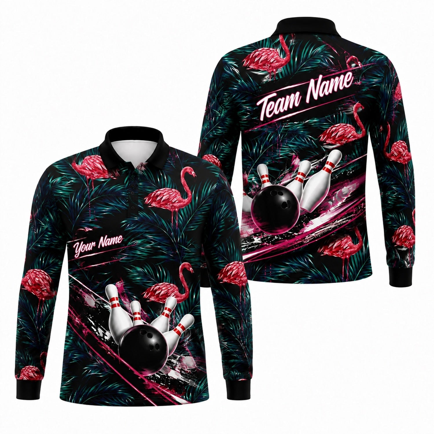 Flamingo Bowling Ball Strike Personalized Bowling Polo Shirt Long Sleeve Polo