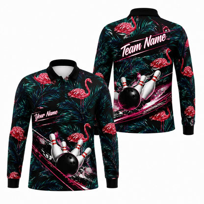 Flamingo Bowling Ball Strike Personalized Bowling Polo Shirt Long Sleeve Polo