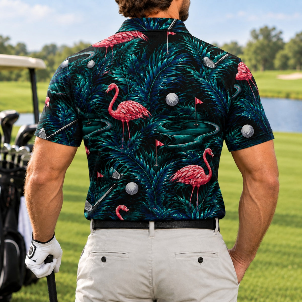 Flamingo Golf Tropical Personalized Golf Polo Shirt Back View