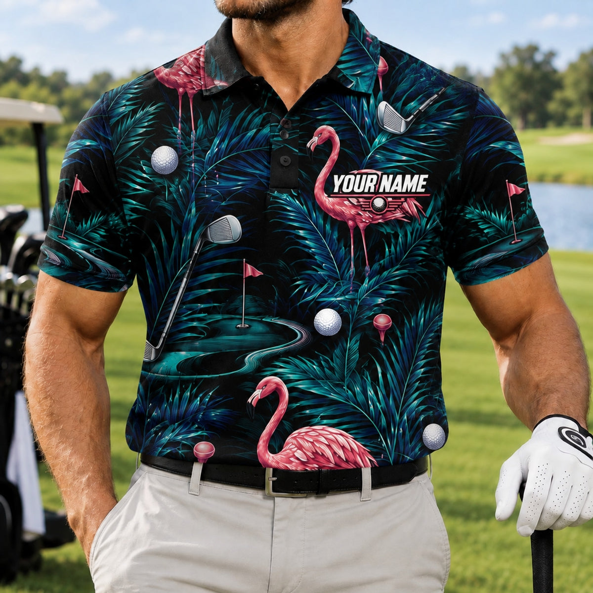Flamingo Golf Tropical Personalized Golf Polo Shirt Front View