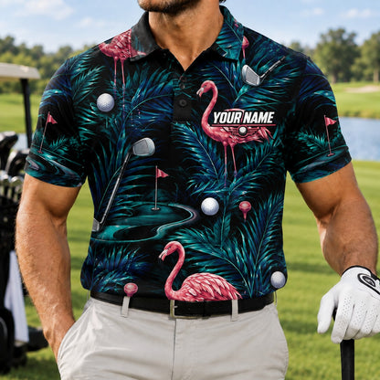 Flamingo Golf Tropical Personalized Golf Polo Shirt Front View