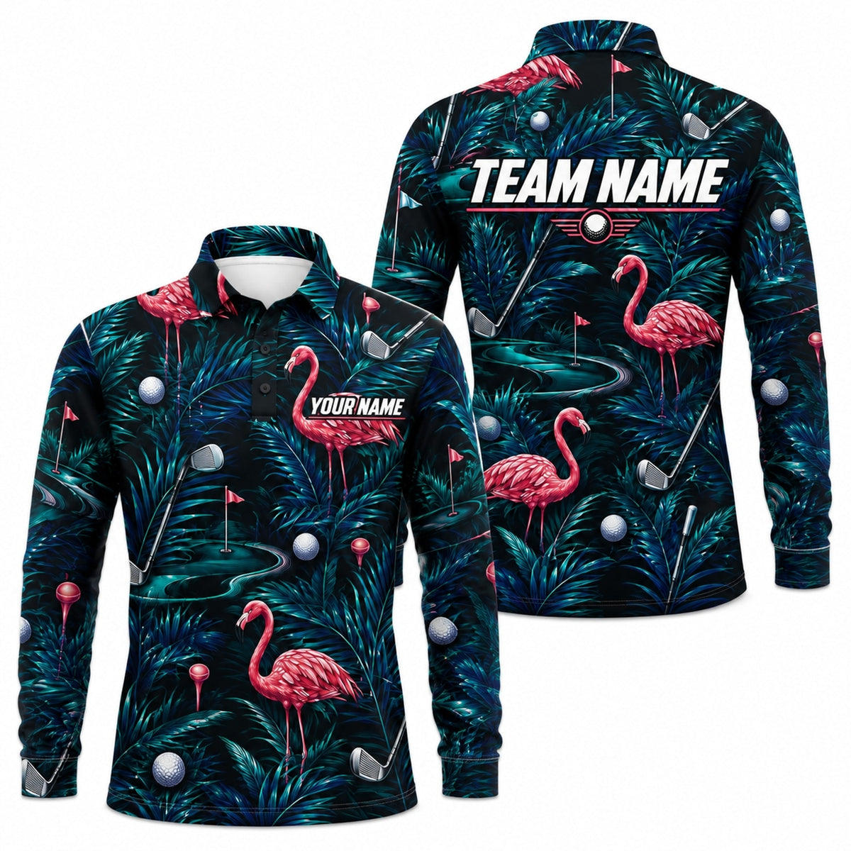 Flamingo Golf Tropical Personalized Golf Polo Shirt Long Sleeve Polo