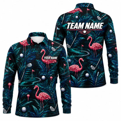 Flamingo Golf Tropical Personalized Golf Polo Shirt Long Sleeve Polo